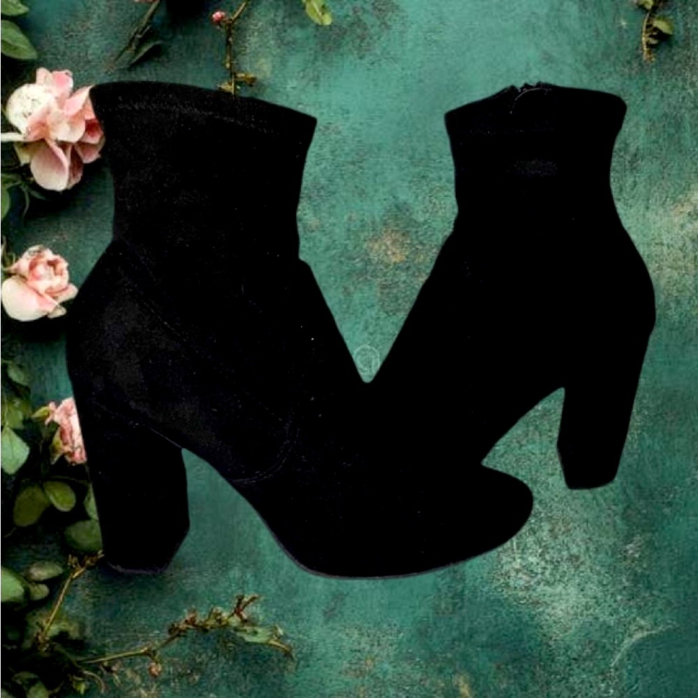 Black Suede Block Heel Ankle Boots - Women